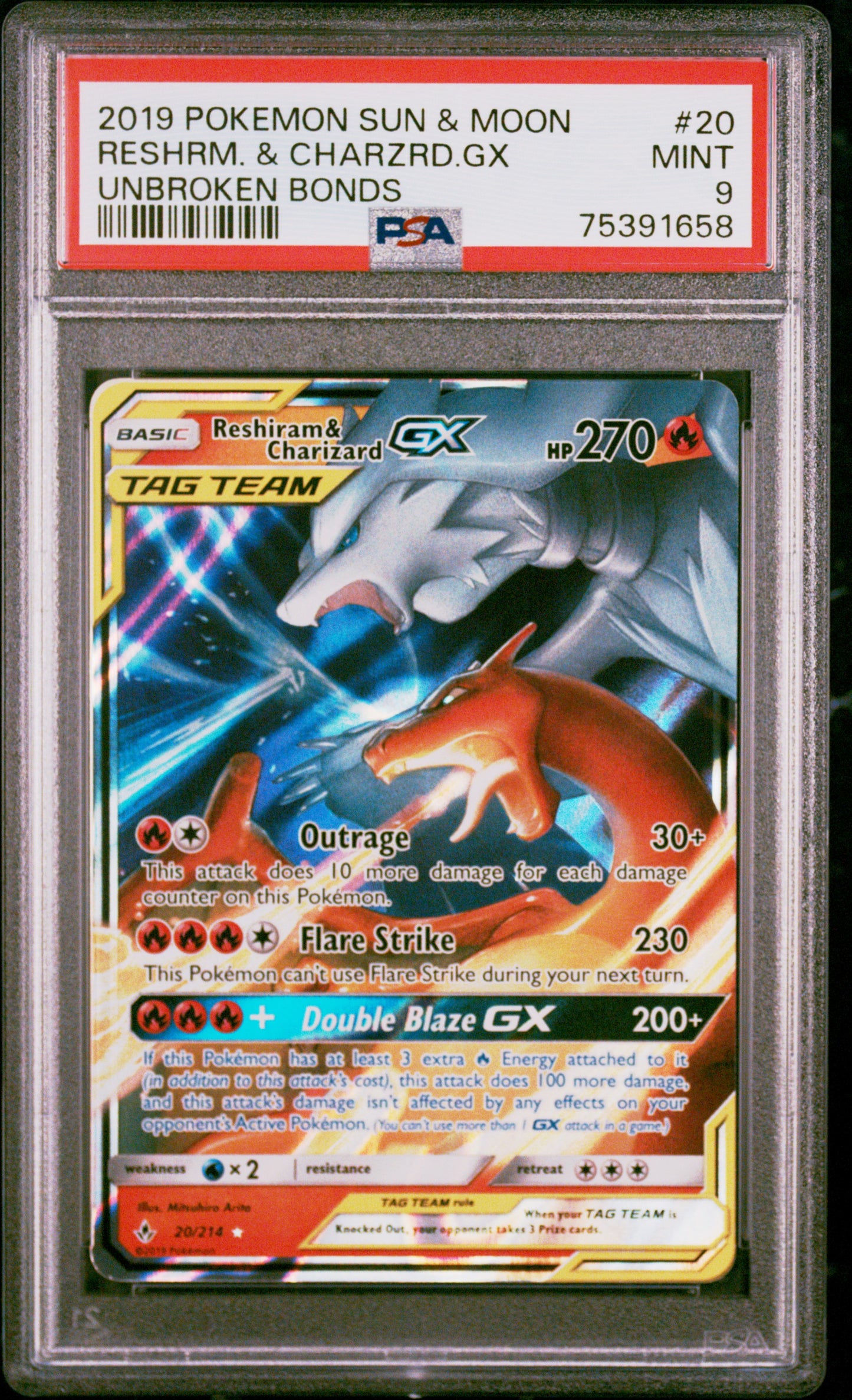 2019 Pokemon Sun & Moon Unbroken Bonds Reshrm. & Charzrd.Gx 9 PSA #20