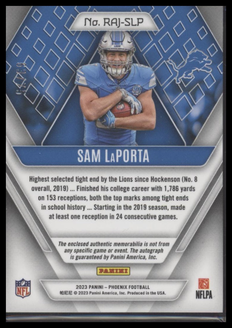 2023 Panini Phoenix RPS Rookie Auto Jersey Prime Yellow /75 Sam LaPorta
