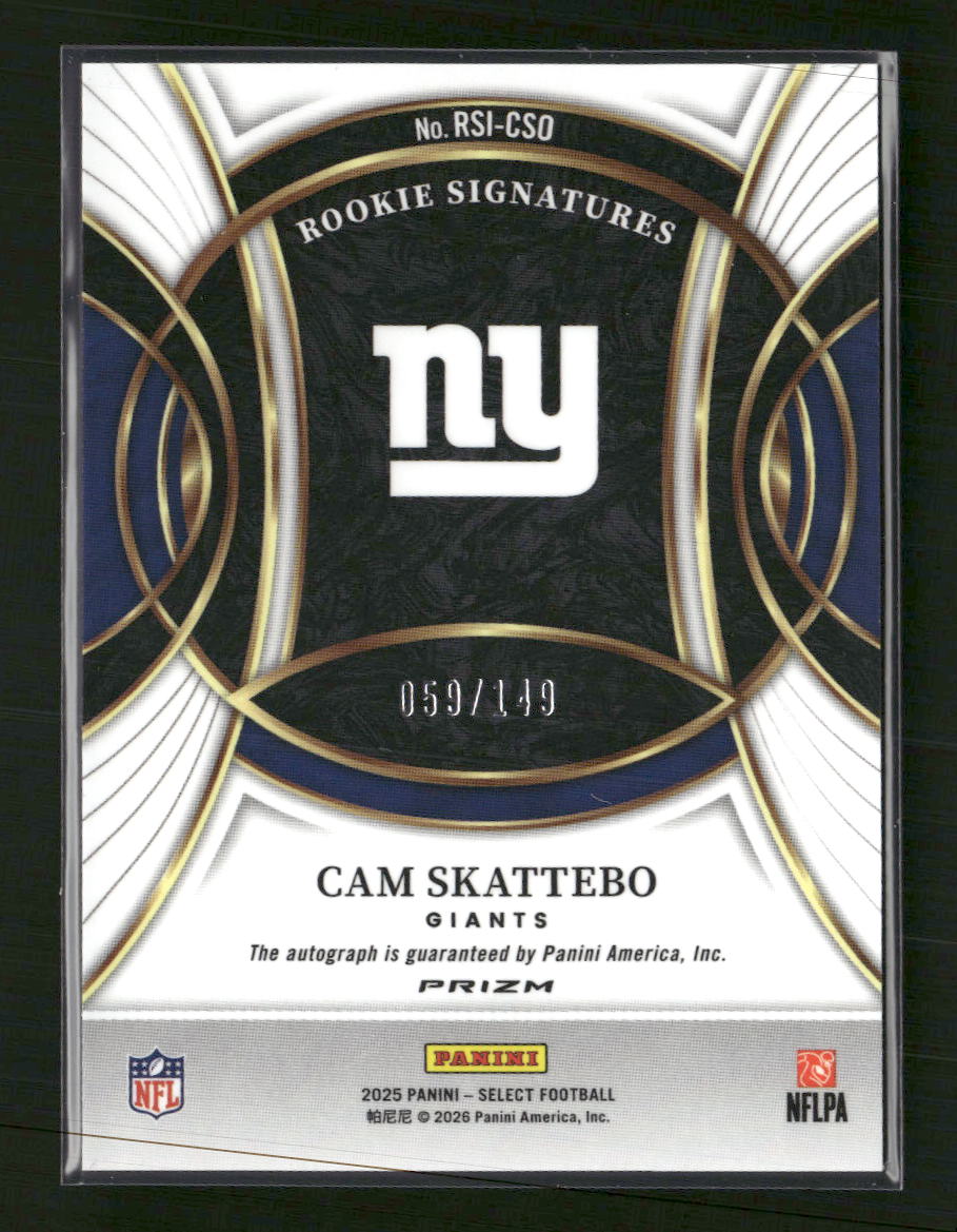 2025 Panini Select Rookie Signatures Blue Prizm Cam Skattebo #/149 Auto #RSI-CSO