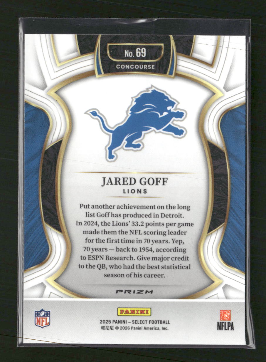 2025 Panini Select Zebra Prizm Jared Goff #69