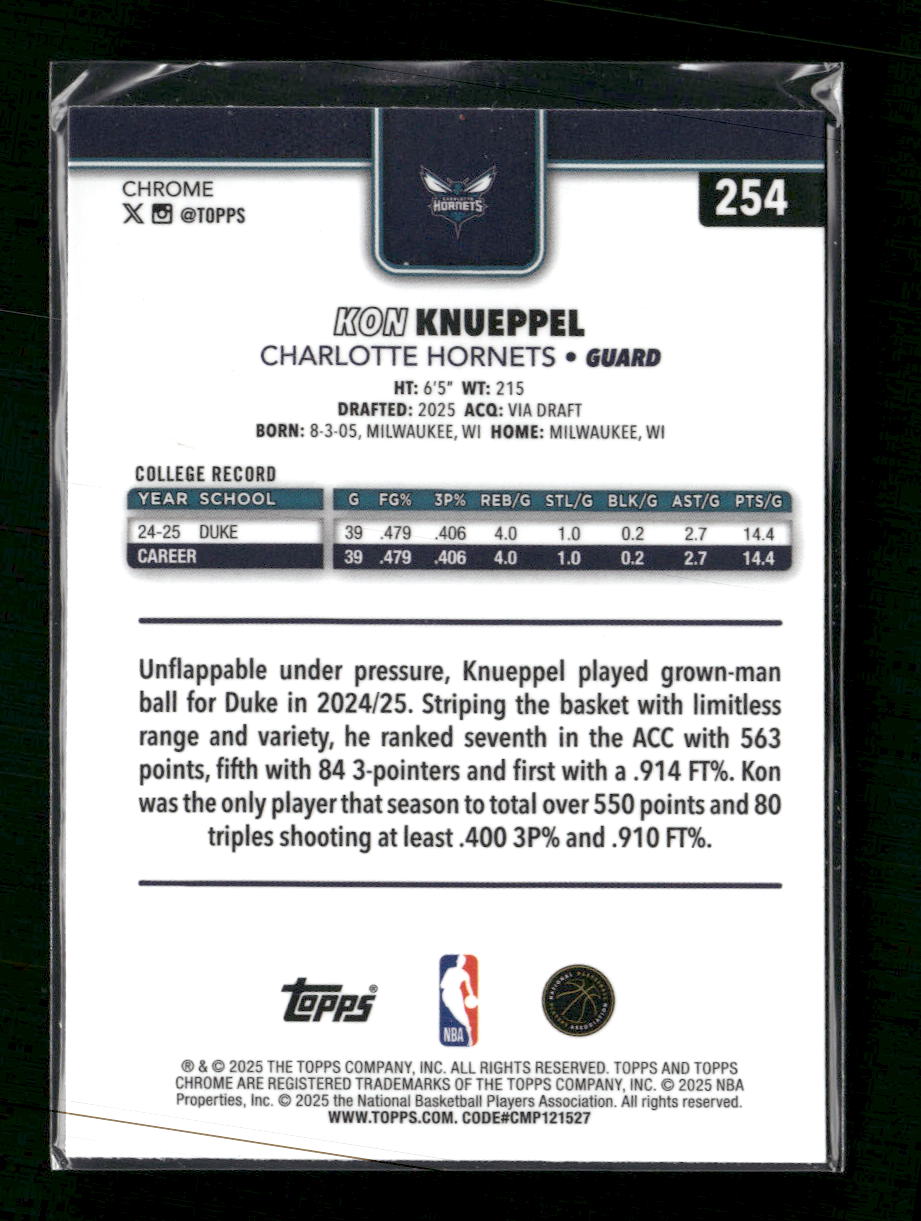 2025-26 Topps Chrome Refractor Kon Knueppel Rookie #254