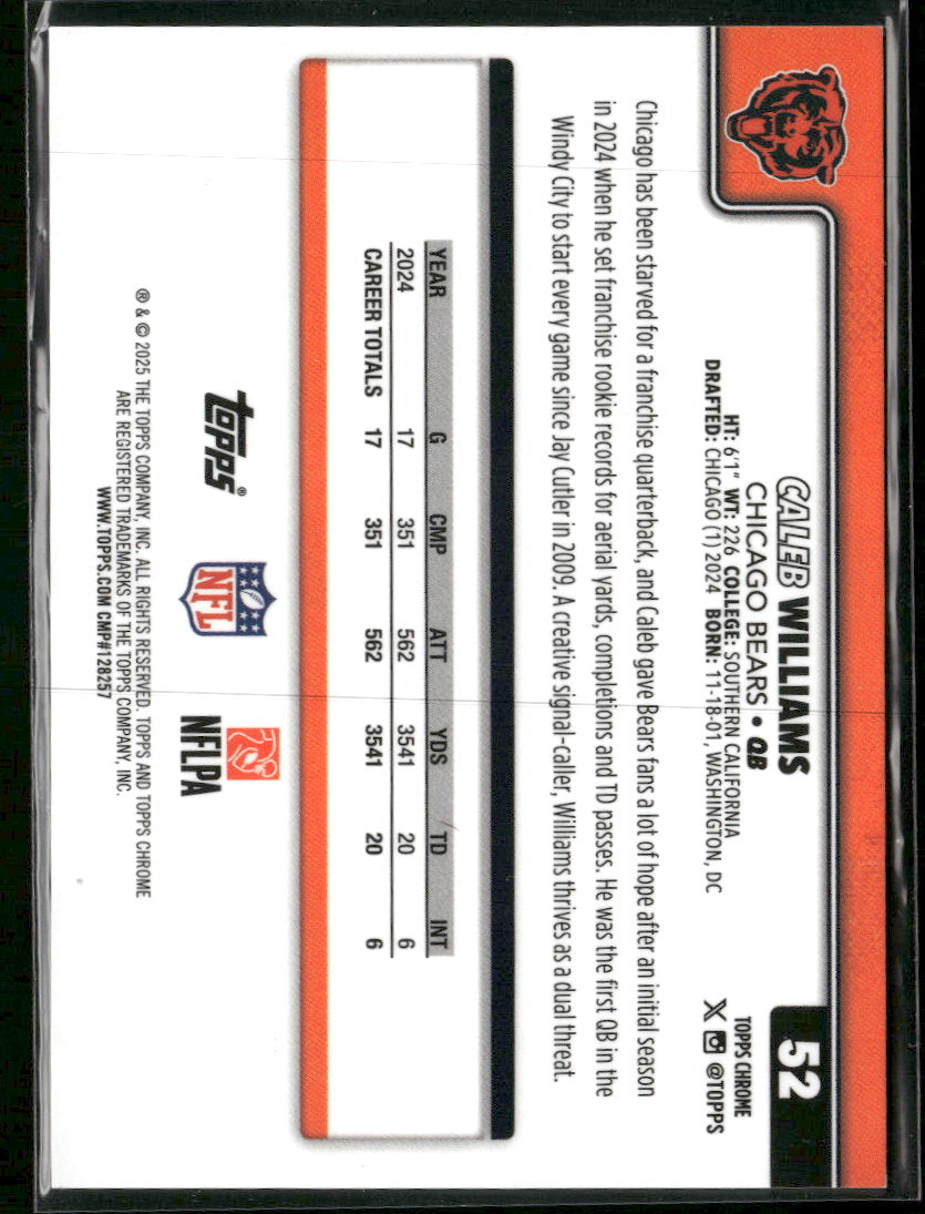 2025 Topps Chrome Yellow Wave Refractor Caleb Williams #/275 #52
