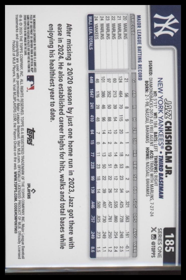2025 Topps Gold Holo Foil Jazz Chisholm Jr. #/50 #185