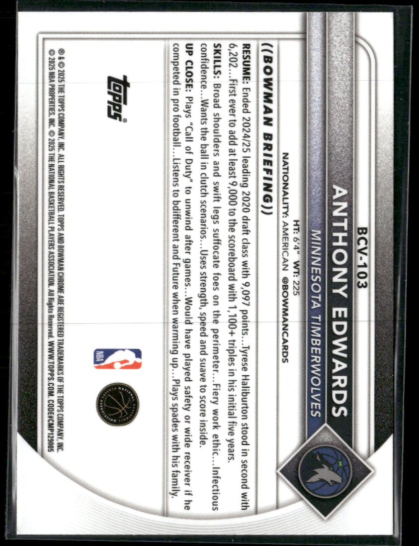 2025-26 Bowman Chrome Blue Refractors Anthony Edwards #/150 #BCV-103