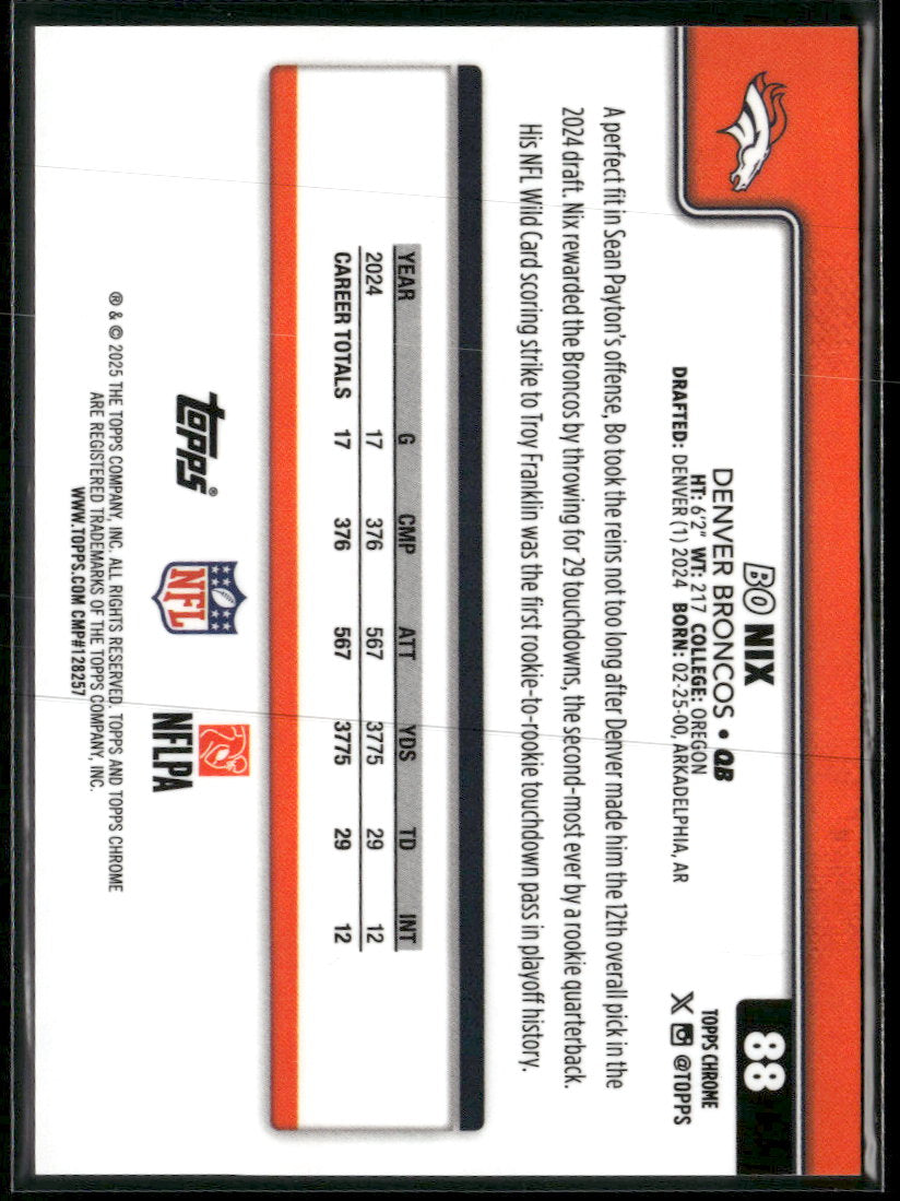 2025 Topps Chrome Gold Wave Refractor Bo Nix #/50 #88