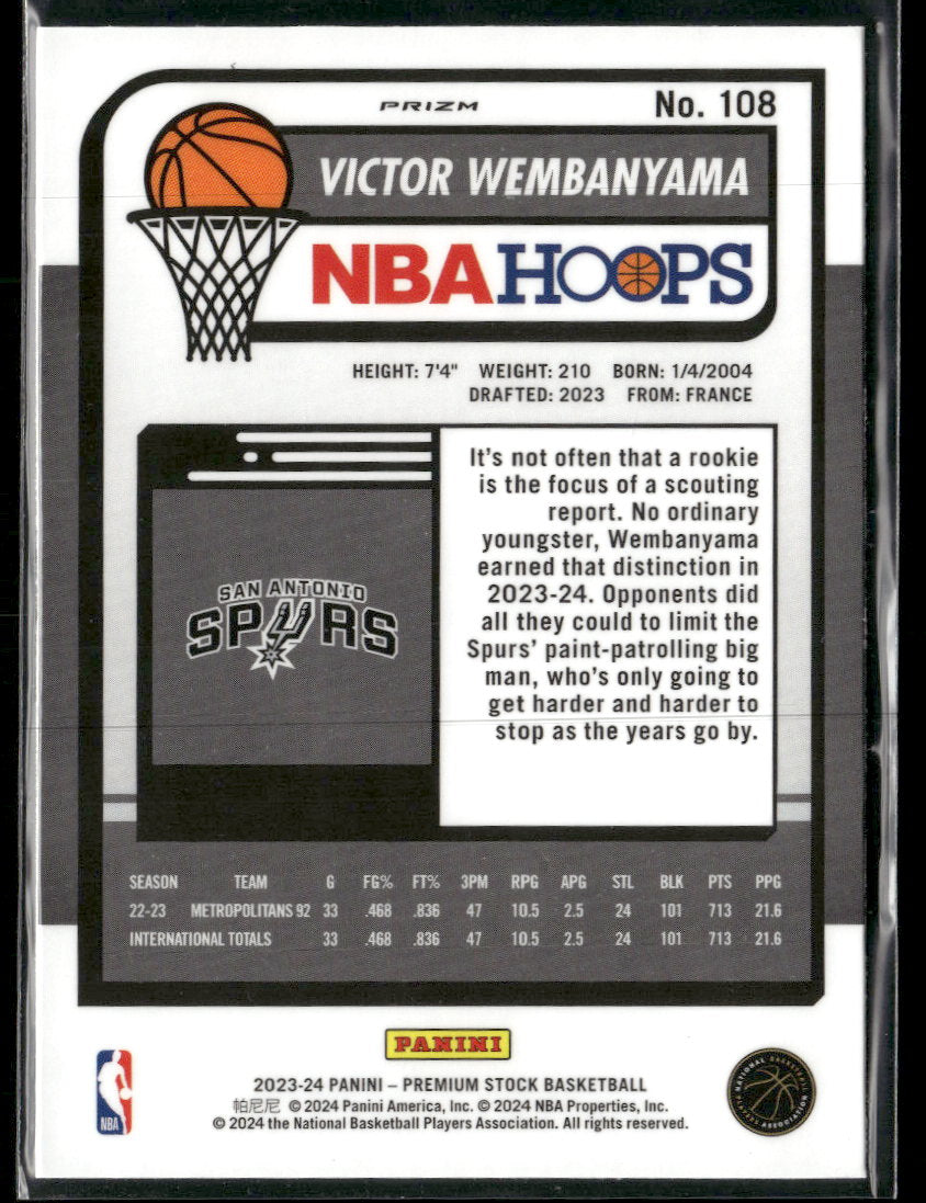 2023-24 Hoops Premium Stock Seismic Prizm Victor Wembanyama Rookie #108