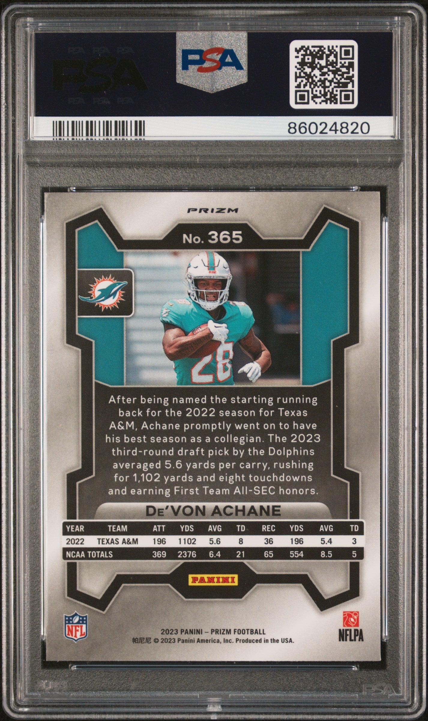 2023 Panini Prizm Silver Prizm De'Von Achane 10 PSA #365
