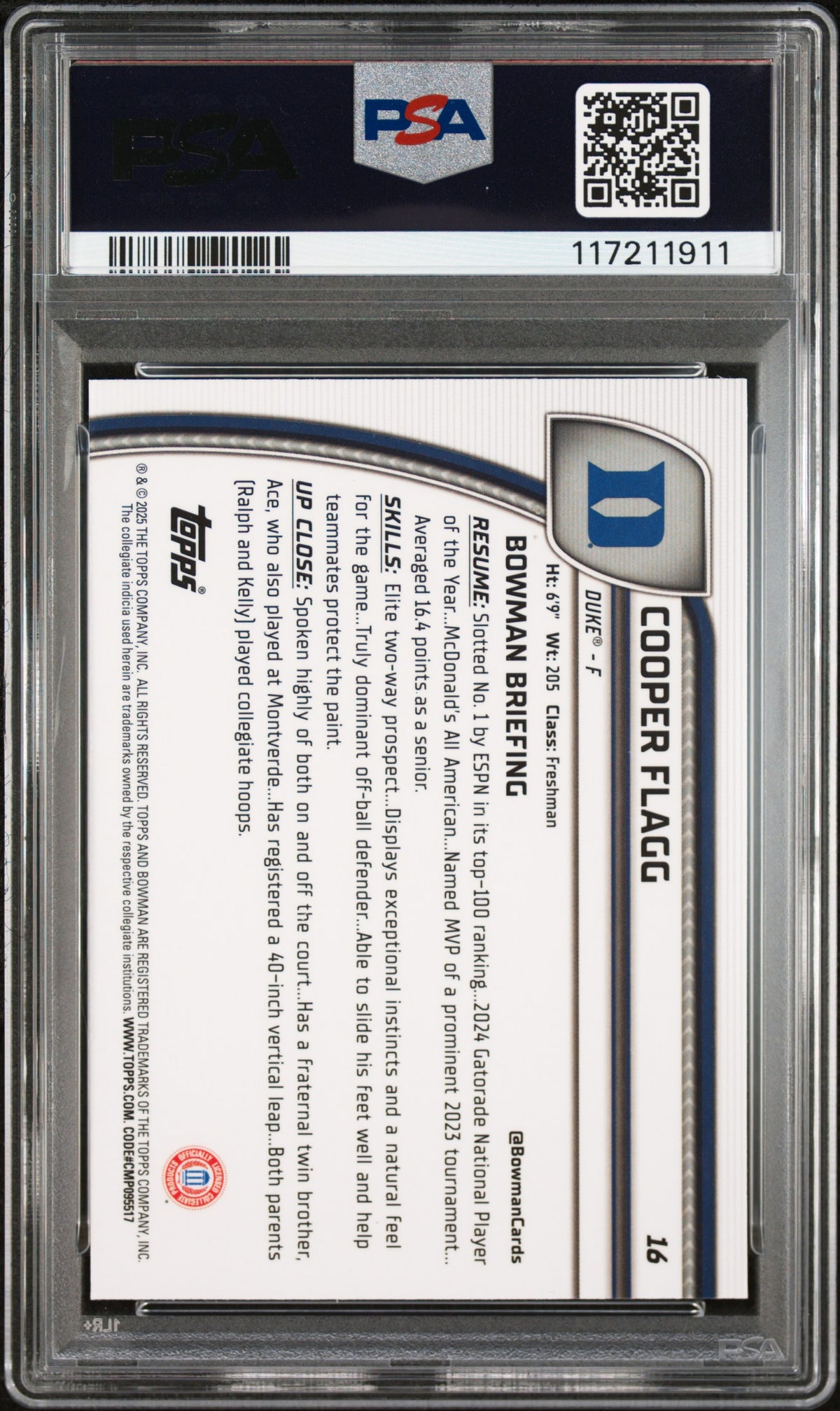 2024 Bowman Chrome University Cooper Flagg 10 PSA #16
