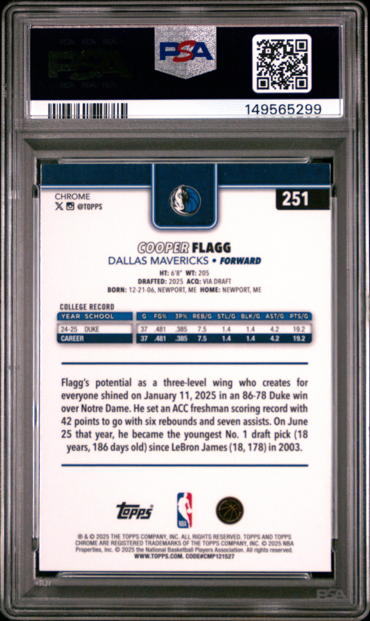 2025 Topps Chrome Cooper Flagg 8 PSA #251