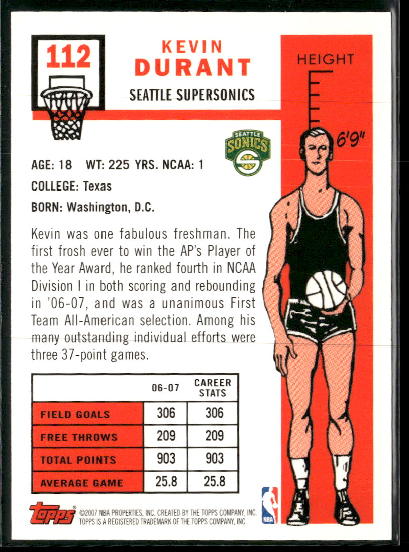 2007-08 Topps 1957-58 Variations Kevin Durant Rookie #112