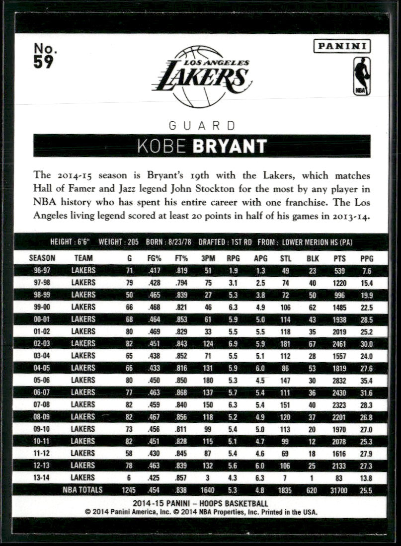 2014-15 Panini NBA Hoops Kobe Bryant #59