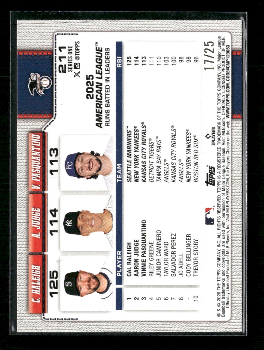 2026 Topps Orange Holo Foil Cal Raleigh / Aaron Judge / Vinnie Pasquantino #211