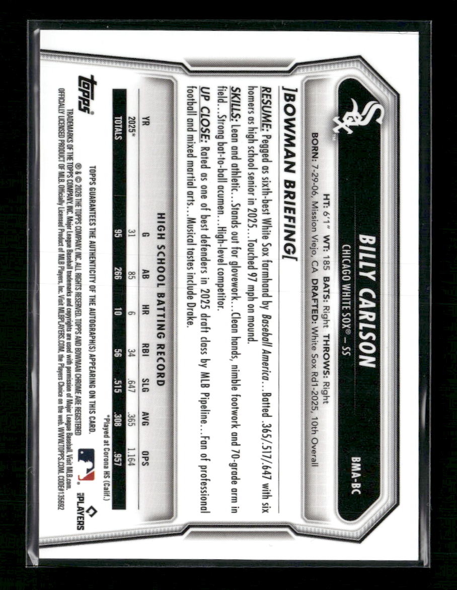 2026 Bowman Chrome Autographs Mojo Refractors Billy Carlson Auto #BMA-BC