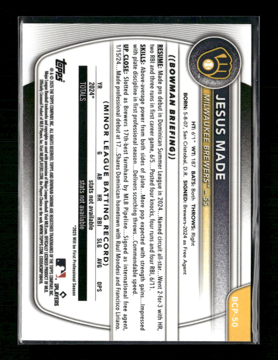 2025 Bowman Chrome Prospects Jesus Made #BCP-50