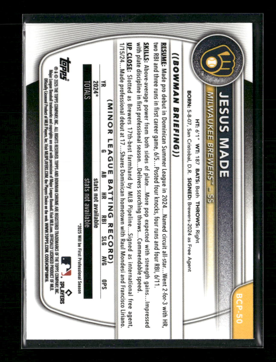 2025 Bowman Chrome Prospects Jesus Made #BCP-50