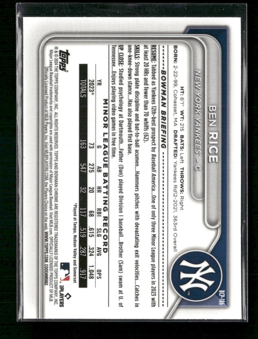 2024 Bowman Chrome Prospects Ben Rice #BCP-186