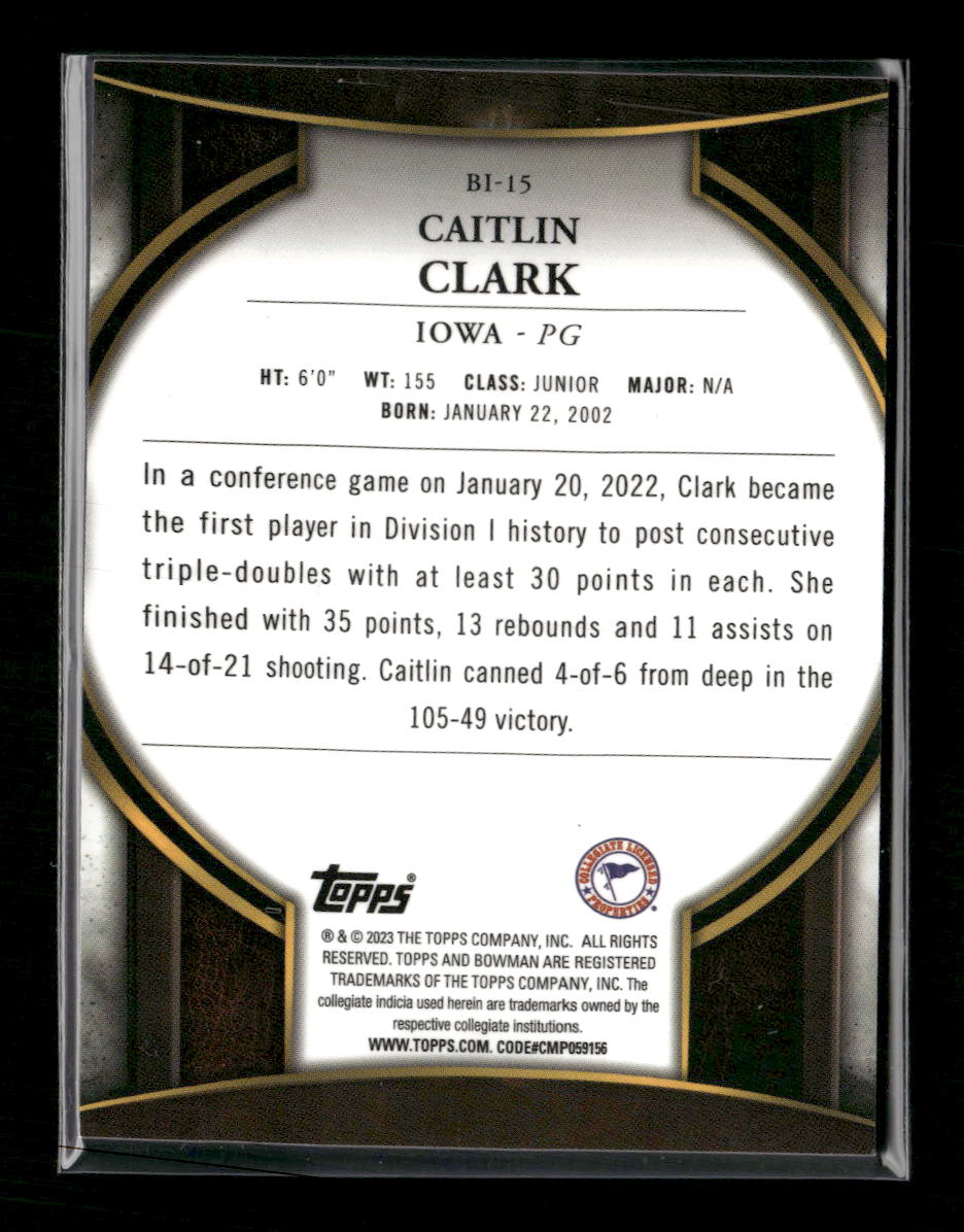 2022-23 Bowman University Chrome Bowman Invicta Caitlin Clark #BI-15