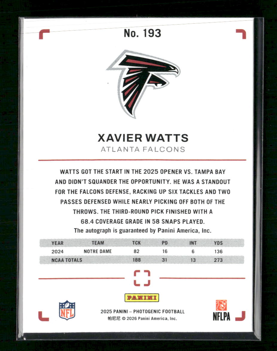 2025 Panini Photogenic Autographs Bronze Xavier Watts Rookie Auto #193
