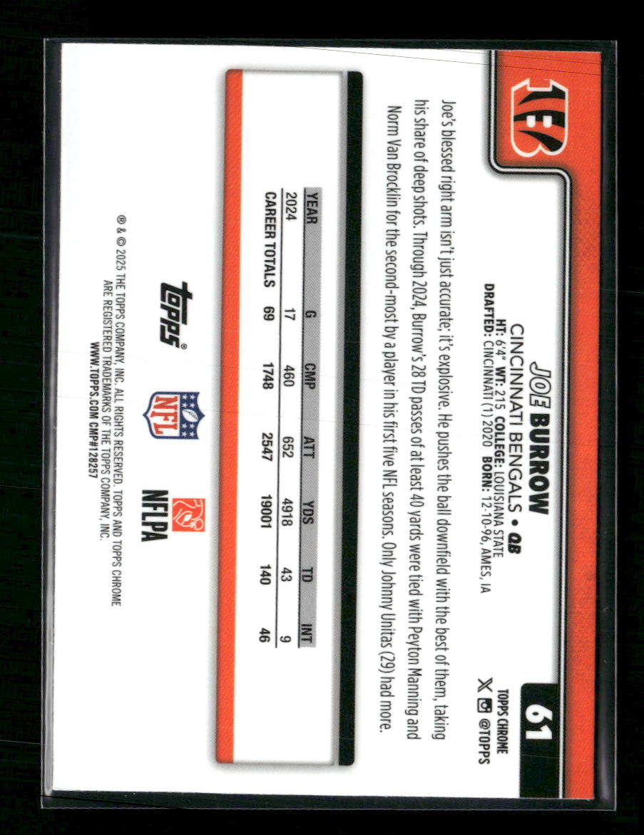 2025 Topps Chrome Blue Wave Refractor Joe Burrow #/150 #61