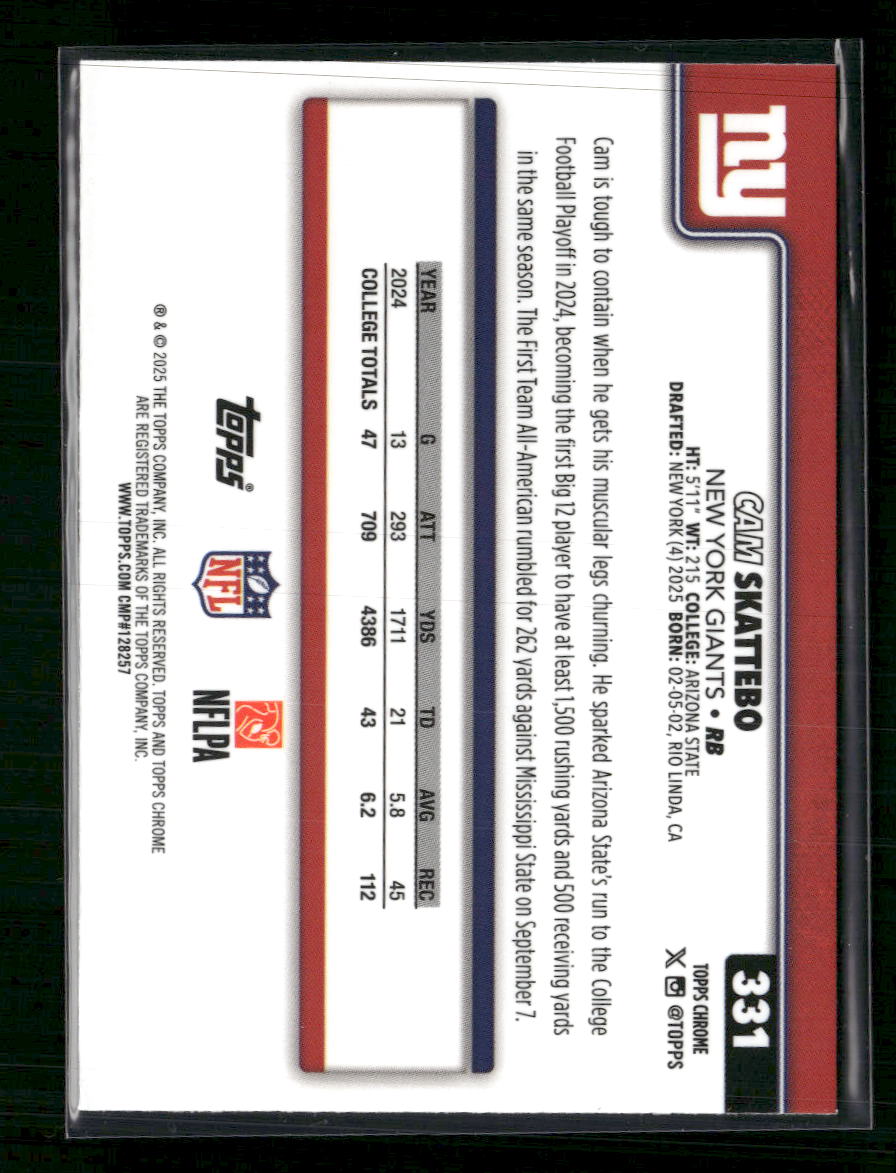 2025 Topps Chrome Red White and Blue Refractor Cam Skattebo Rookie #331
