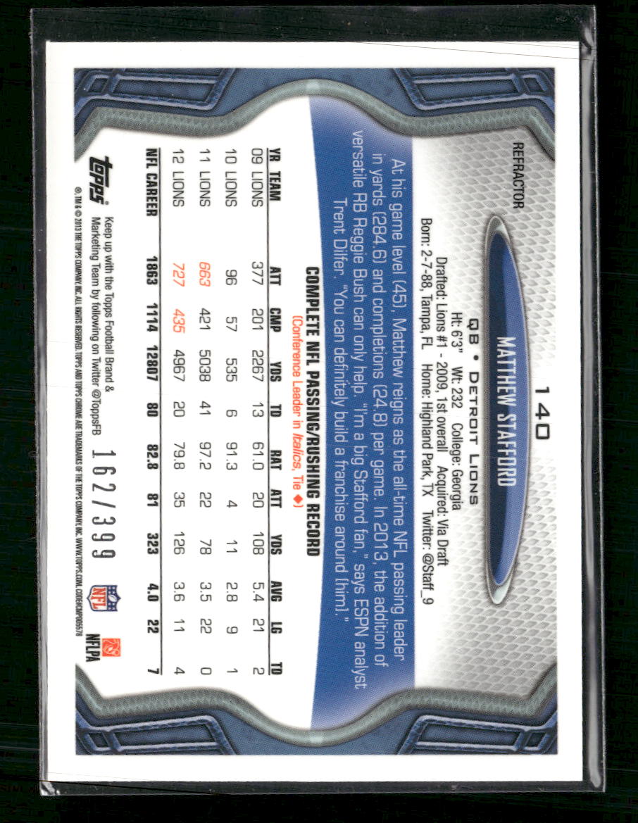 2013 Topps Chrome Pink Refractors Matthew Stafford #/399 #140
