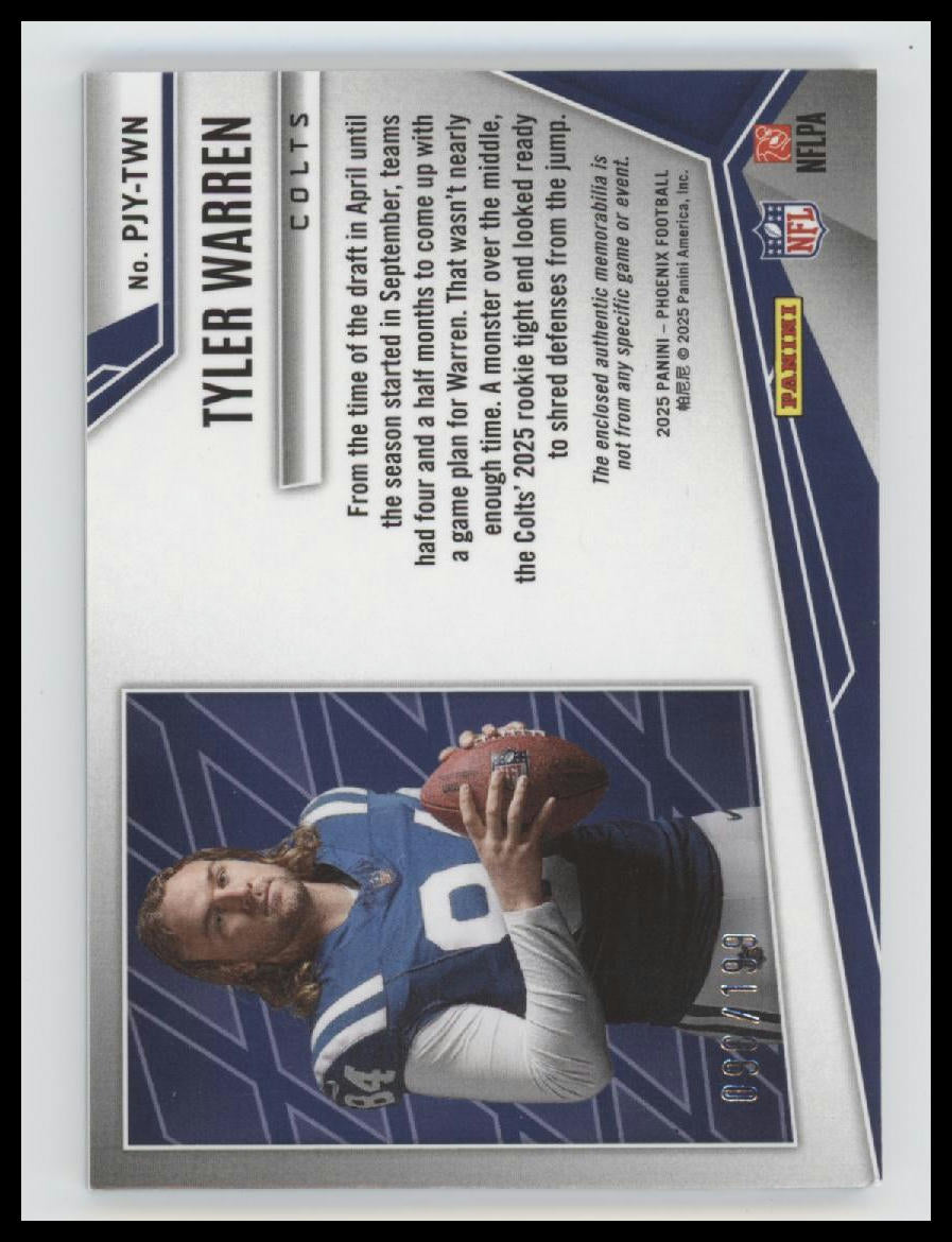 2025 Panini Phoenix Rookie Phenom Jersey Blue Prizm Tyler Warren #/199 #PJY-TWN