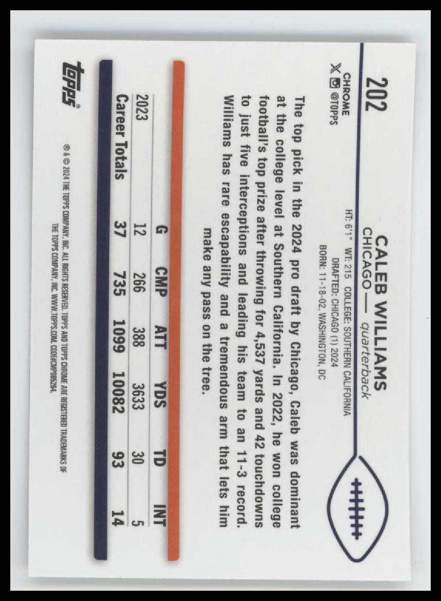 2024 Topps Chrome Prism Refractor Caleb Williams Rookie #202