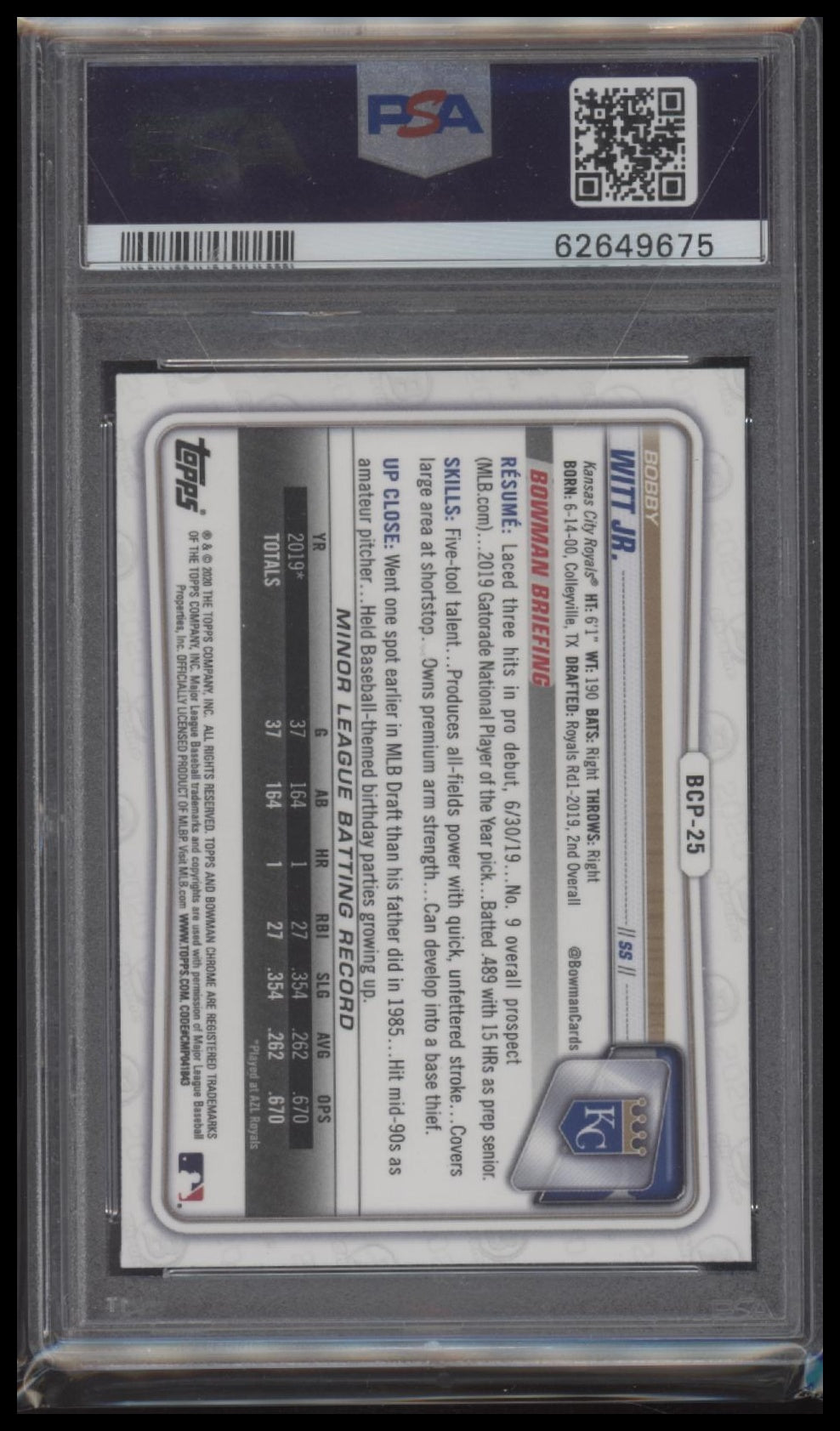 2020 Bowman Chrome Sapphire Edition Sapphire Edition Bobby Witt Jr. 9 PSA #BCP25
