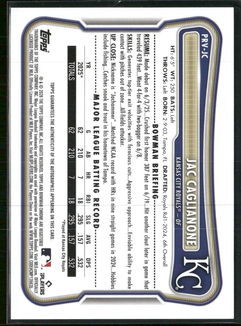 2026 Bowman Rookie and Veteran Autographs Jac Caglianone Auto #PRV-JC