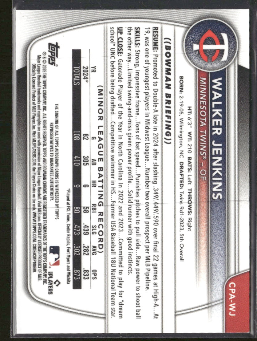 2025 Bowman Chrome Prospect Auto Yellow Refractor Walker Jenkins #/75 #CPA-WJ
