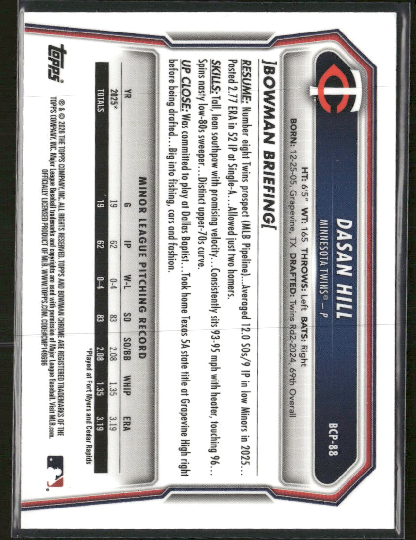 2026 Bowman Chrome Prospects Mojo Blue Refractor Dasan Hill #/150 #BCP-88