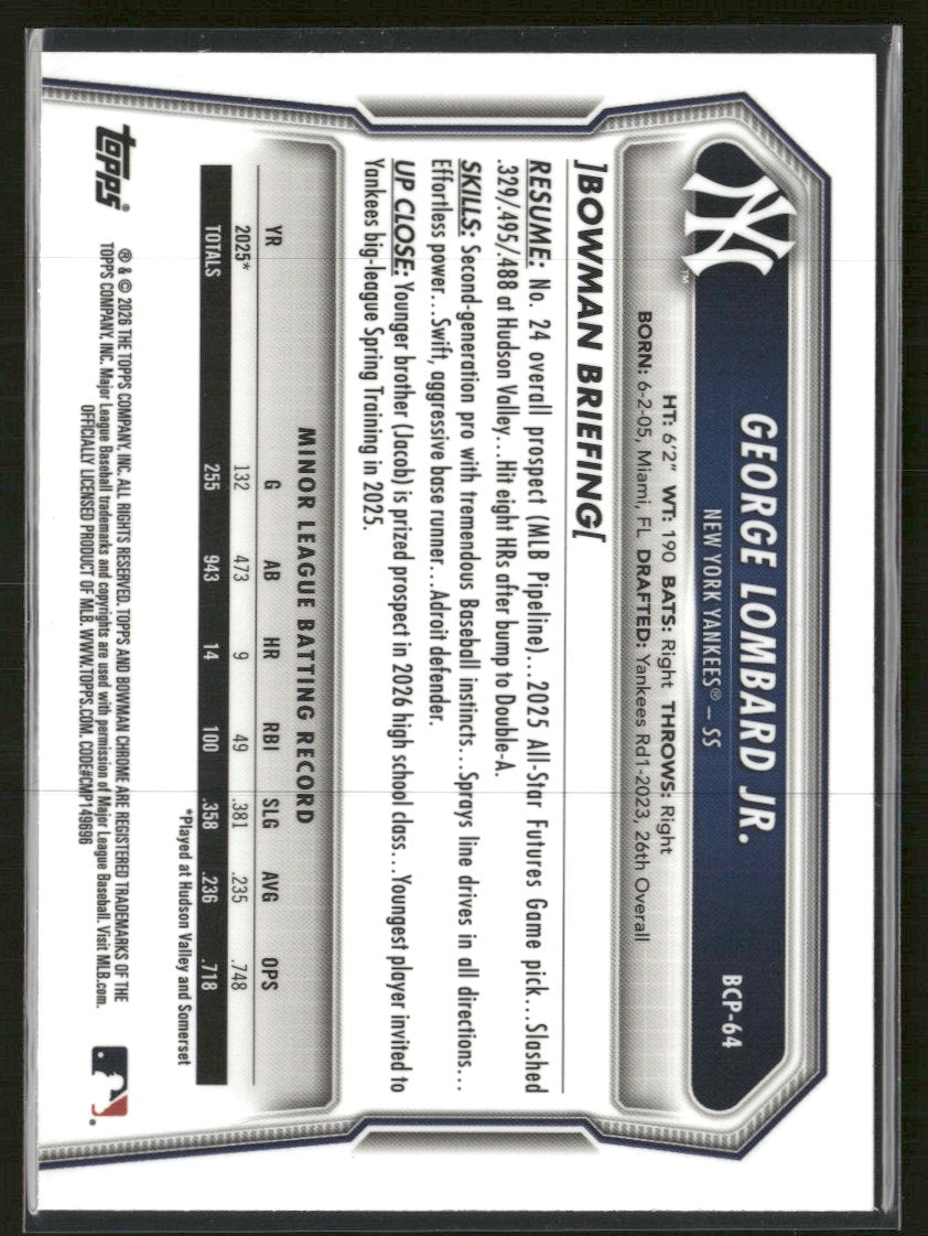 2026 Bowman C Prospects Mojo Sky Blue Refractor George Lombard Jr. #/499 #BCP-64