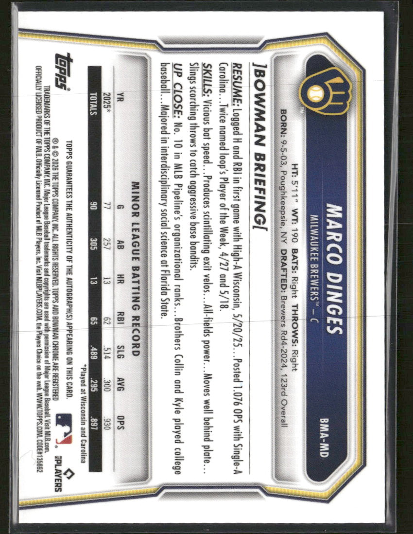 2026 Bowman Chrome Autographs Mojo Refractors Marco Dinges Auto #BMA-MD