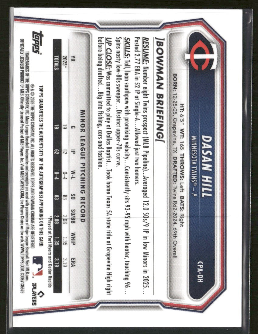 2026 Bowman Chrome Prospect Autographs Dasan Hill Auto #CPA-DH
