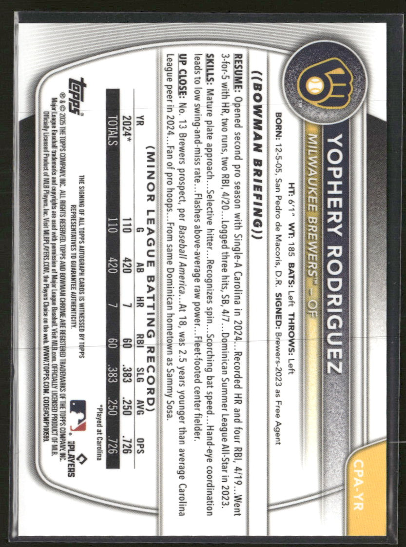 2025 Bowman Chrome Prospect Autographs Yophery Rodriguez Auto #CPA-YR