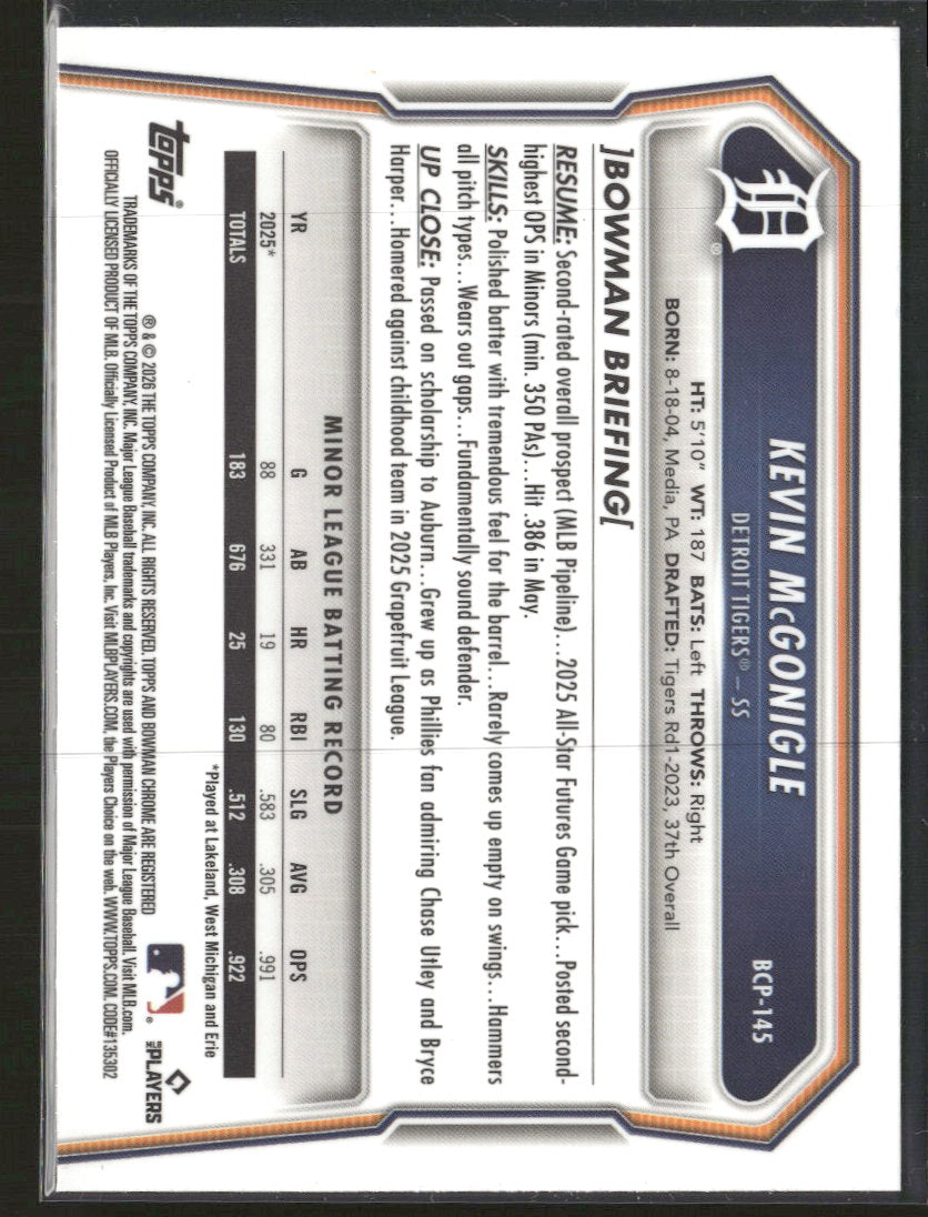2026 Bowman Chrome Prospects Yellow Wave Refractor Kevin McGonigle #/75 #BCP-145