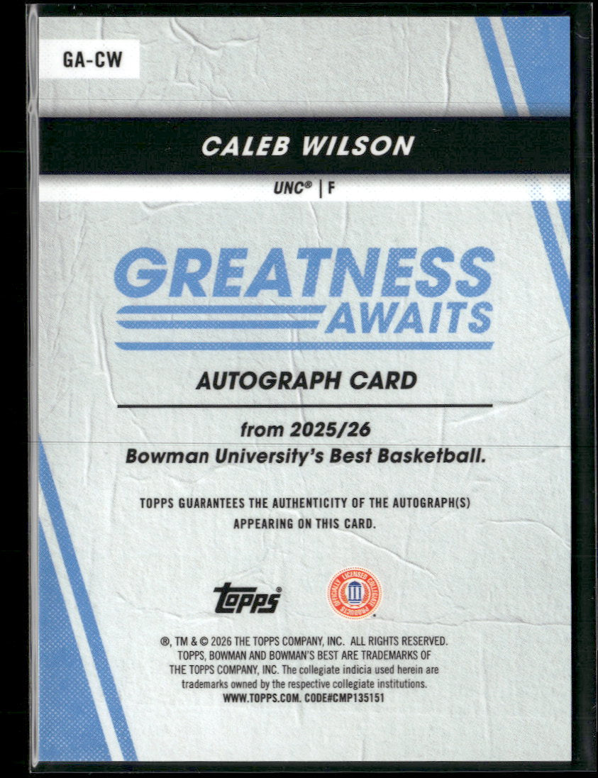 2025-26 Bowman's Best U - Greatness Awaits Auto Refrctor Caleb Wilson #GA-CW