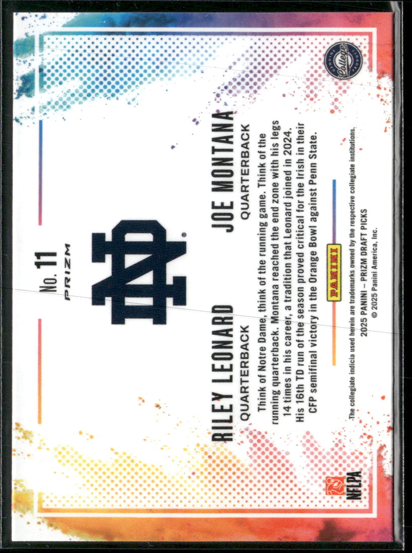 2025 Panini Prizm Draft Picks Color Blast Duals Joe Montana / Riley Leonard #11
