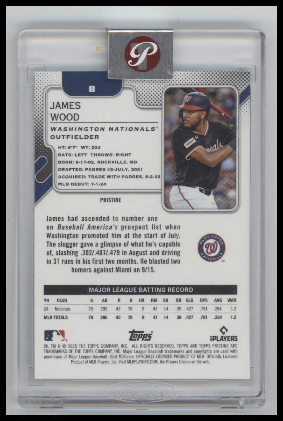 2025 Topps Pristine Aqua Refractors James Wood Rookie #/199 #8 Encased