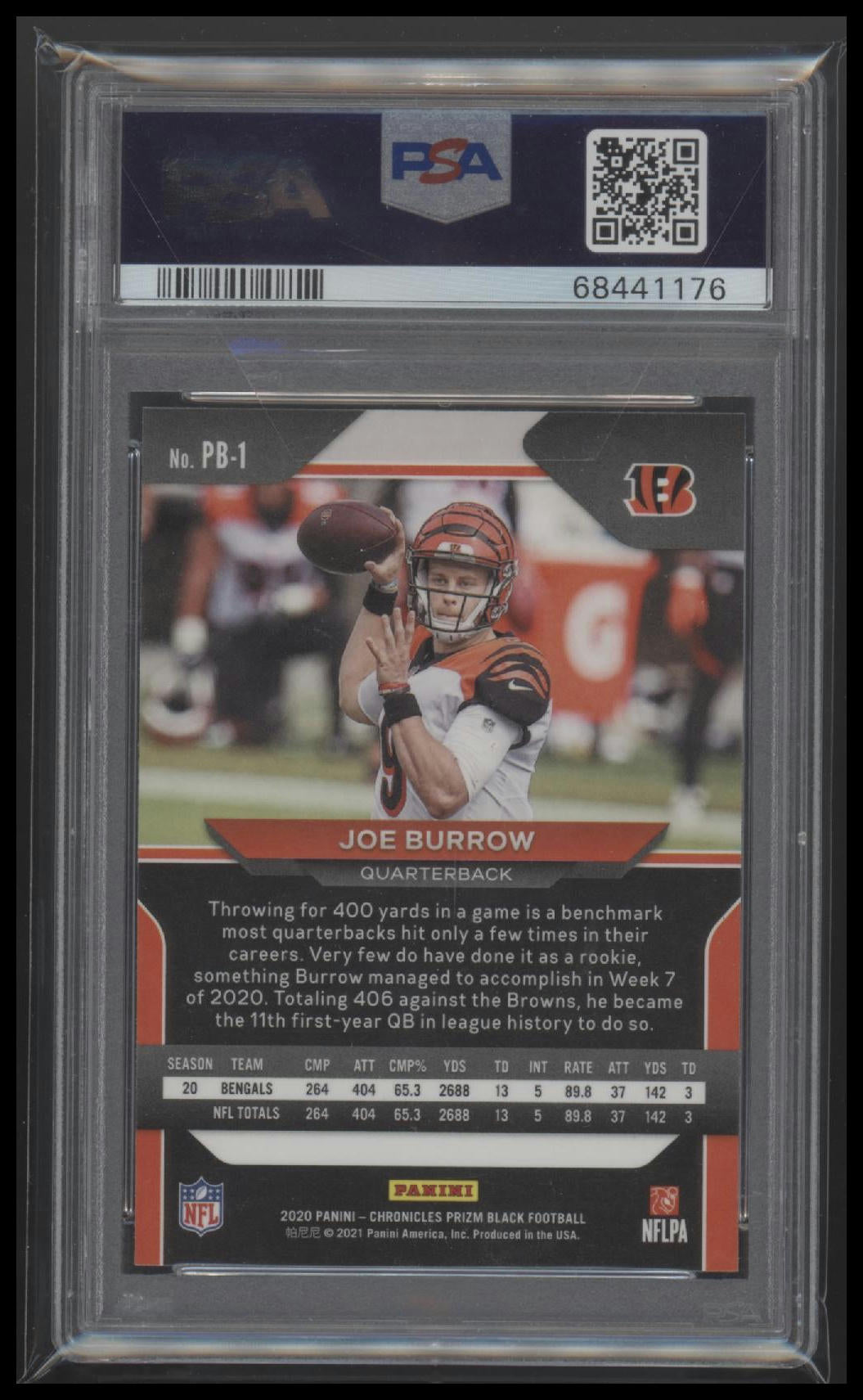2020 Panini Chronicles Prizm Black Prizm Black Joe Burrow 9 PSA #PB1