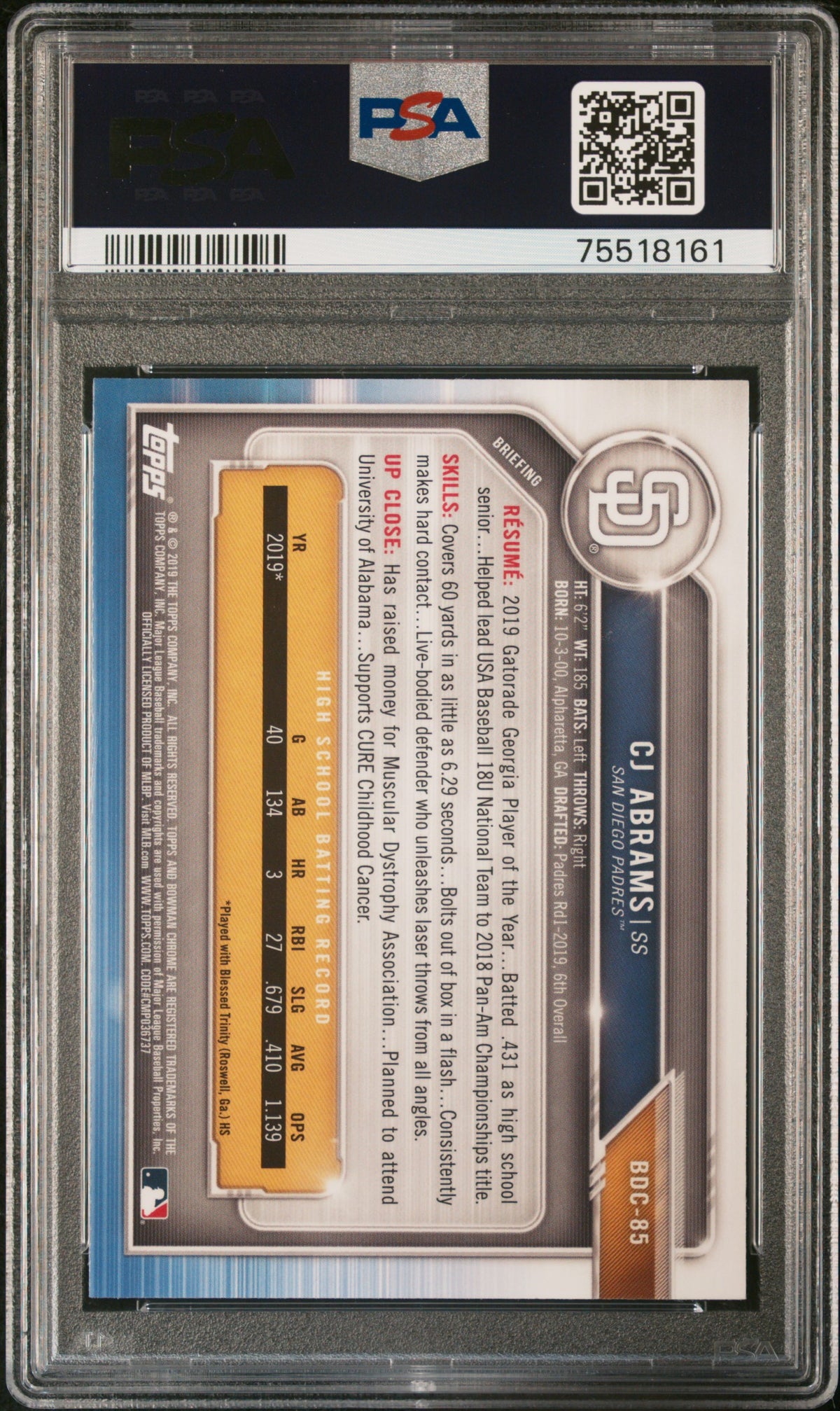 2019 Bowman Draft Chrome Sapphire Edition Cj Abrams 10 PSA #BDC85