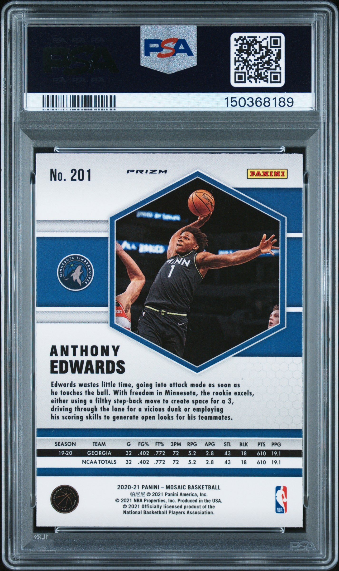 2020 Panini Mosaic Reactive Blue Anthony Edwards 9 PSA #201