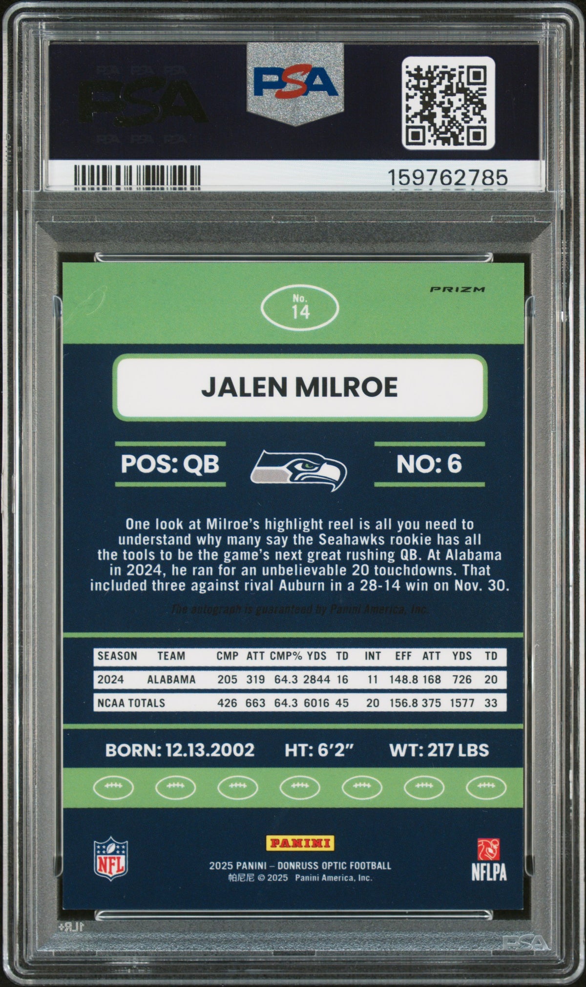 2025 Panini Donruss Opti 2015 Retro Autograph Jalen Milroe 9 Auto PSA #14