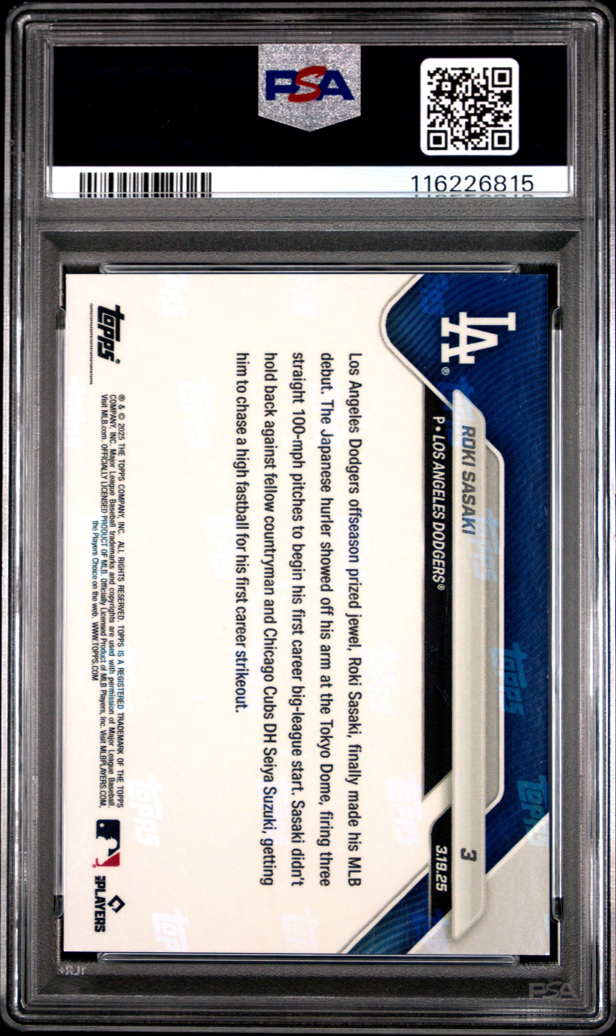 Graded 2025 Topps Now Roki Sasaki #3 Rookie RC Baseball Card PSA 9 Mint