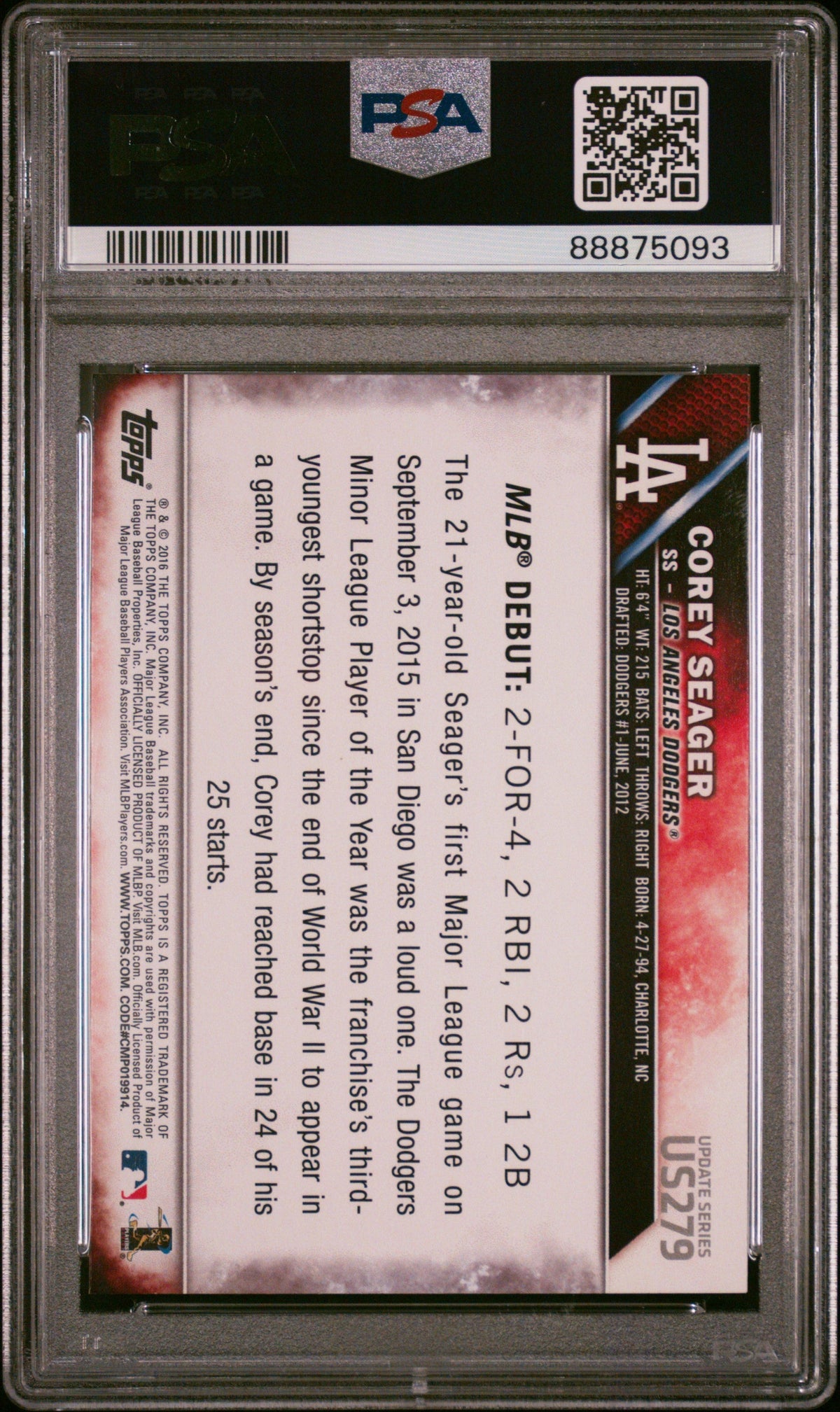 Graded 2016 Topps Update Corey Seager #US279 Rookie RC Baseball Card PSA 10 Gem Mint