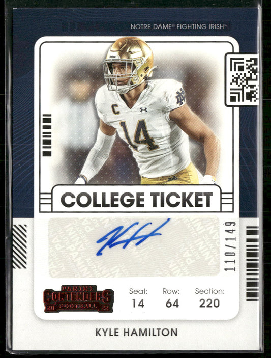 2022 Panini Chronicles Draft Picks Ticket AU Red Kyle Hamilton /149 AU #CCT-KHA