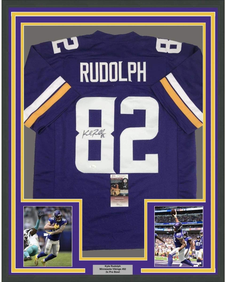 Framed Autographed/Signed Kyle Rudolph 35x39 Minnesota Purple Football Jersey JSA COA