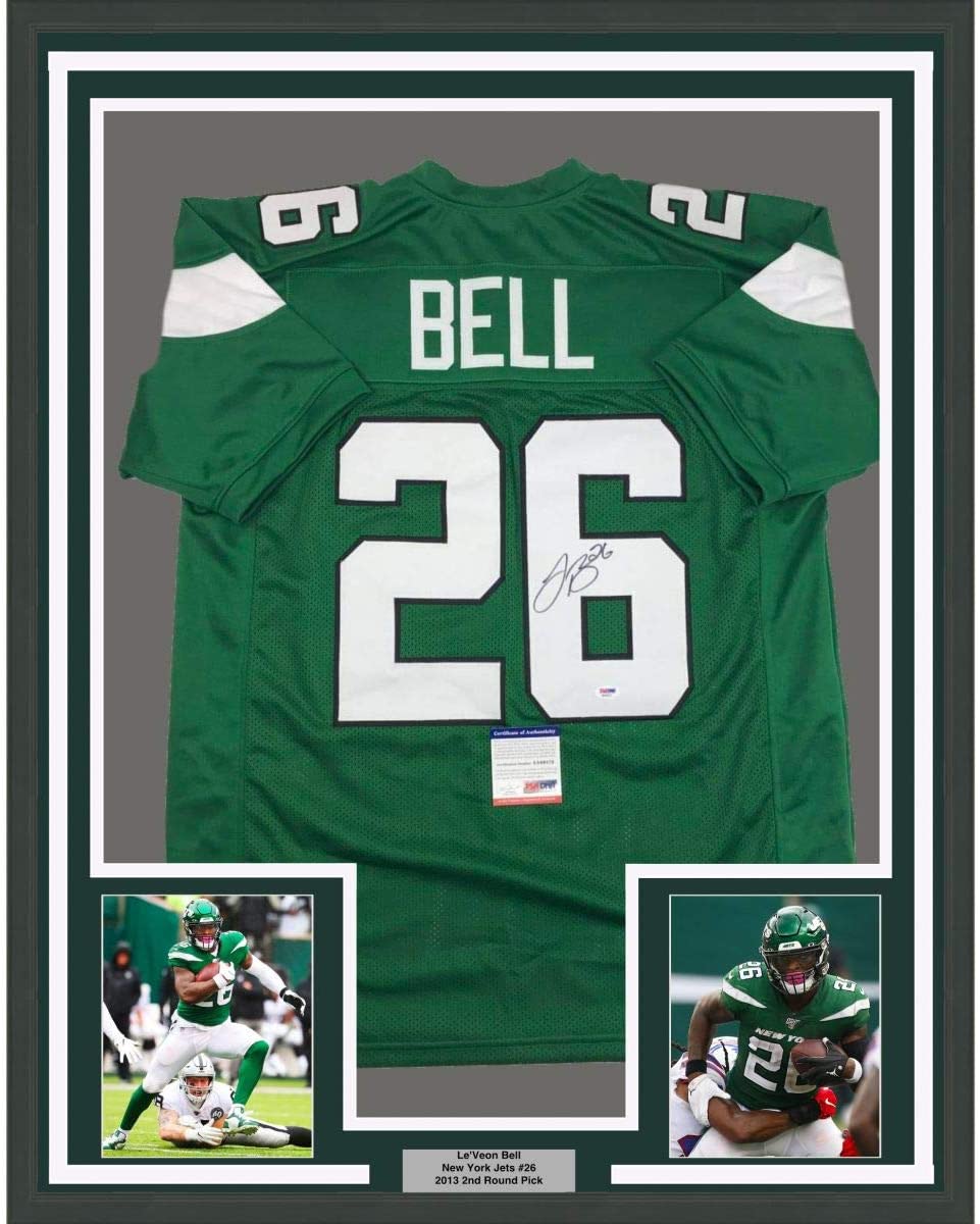 Framed Autographed/Signed Le'Veon LeVeon Bell 35x39 New York Green Football Jersey PSA/DNA COA #2