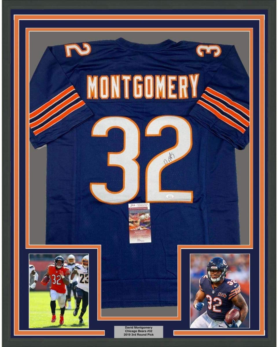 Framed Autographed/Signed David Montgomery 35x39 Chicago Blue Football Jersey JSA COA