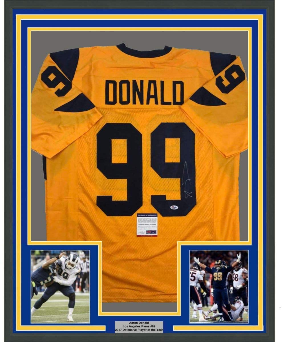 Framed Autographed/Signed Aaron Donald 35x39 Los Angeles LA Yellow Color Rush Football Jersey PSA/DNA COA